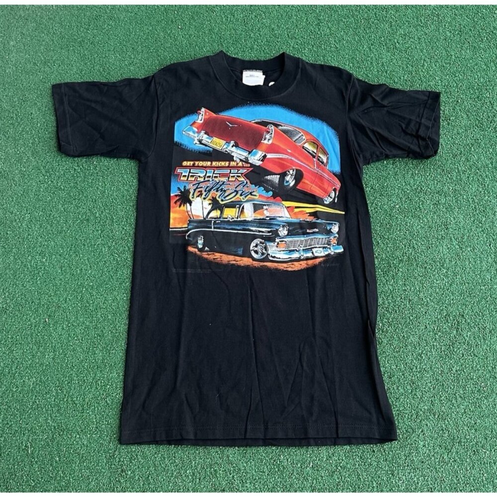 Vtg Airways Chevrolet Mens S Black Tee Get Your Kicks In A Trick Fifty Six - Picture 2 of 9